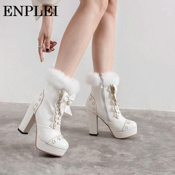 

enplei winter shoes women snow boots square high heel pu leather platform ankle boots for female size 34-43 round toe rubber zip1, Black