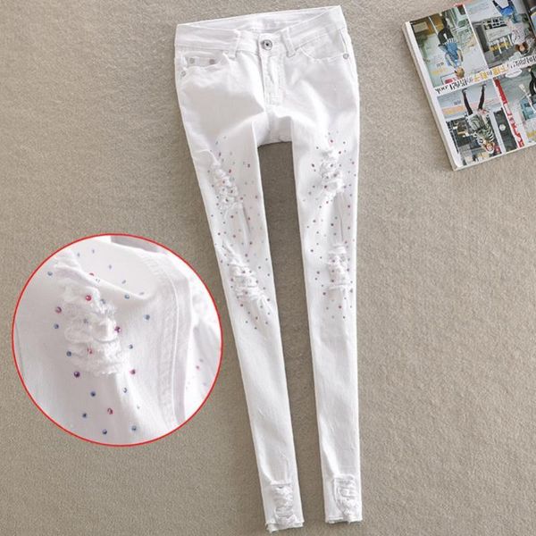 

new hole jeans women drill slim pencil pants denim pants white, Blue