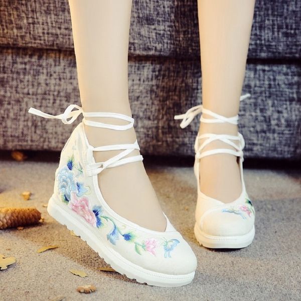 

new women canvas increasing height ankle strap spring autumn shoes china style vintage embroiders wedges heels lady shoes lj200928, Black