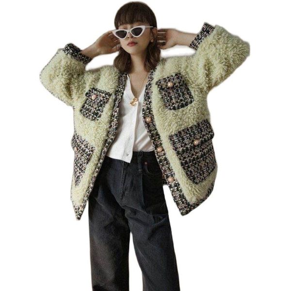 

superaen lamb short new winter patchwork plaid woven coarse flowers loose v neck fur coat women, Black