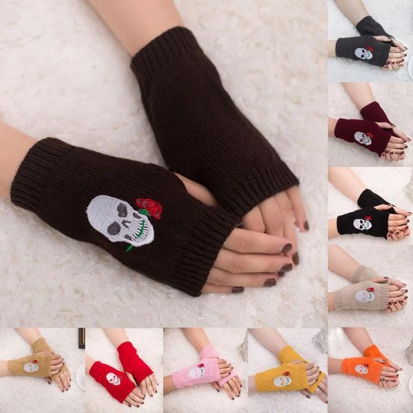 

knitted long gloves women' warm embroidered skull winter gloves fingerless for women girl guantes invierno mujer luvas1, Blue;gray
