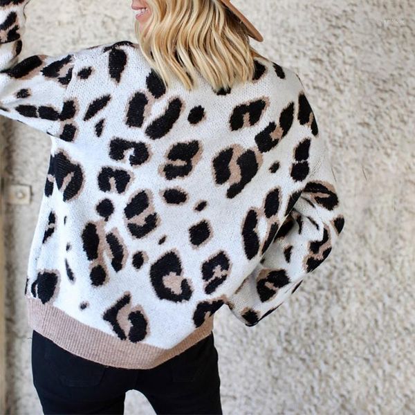 

winter warm new ladies knitted sweaters fashion women leopard printing long sleeve loose white pullover sweater1, White;black