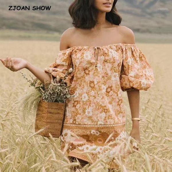 

bohemia lacing up collar orange floral print short dress hippie women 3/4 sleeve straight mini dresses holiday autumn1, Black;gray