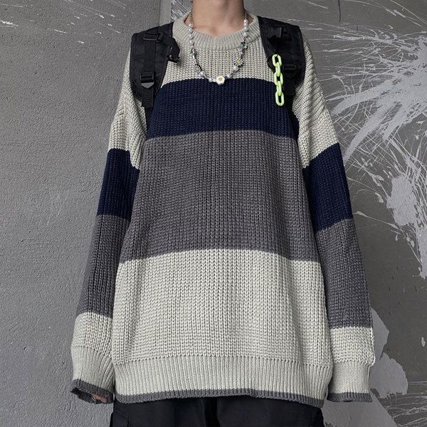 

striped sweater men's warm fashion retro casual knitted pullover men wild loose korean knitting sweaters mens clothes -xl, White;black