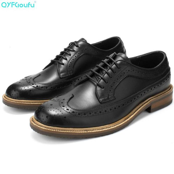 

qyfcioufu 2020 vintage brogue shoes men's oxford shoe genuine cow leather lace up formal fashion mens dress shoes, Black