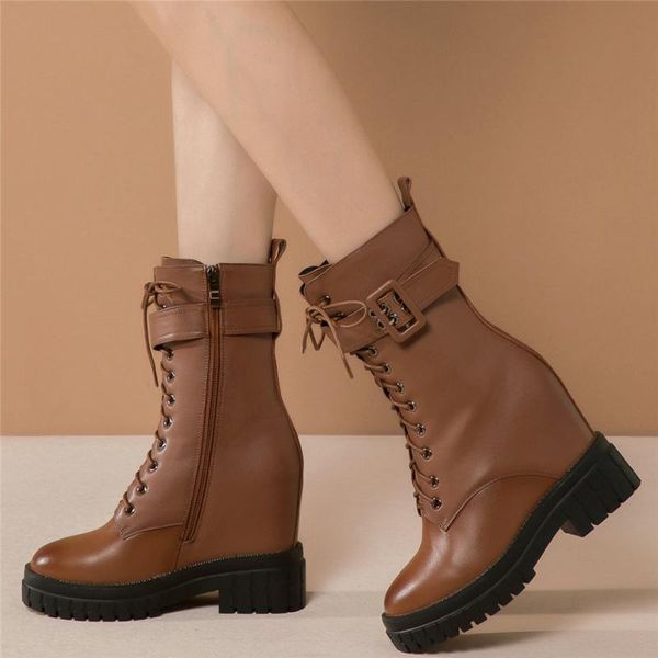 

lace up platform pumps shoes women genuine leather high heel ankle boots female high round toe fashion sneakers casual shoes, Black