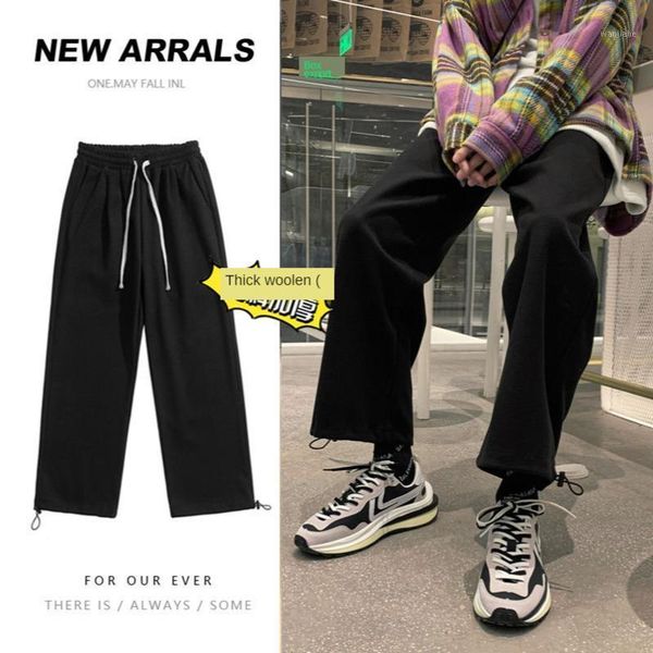 

winter thick woolen pants men's warm fashion cotton casual pants men streetwear loose korean style straight wide leg mens1, Black