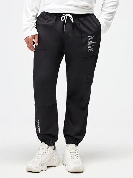 

extended sizes men slogan graphic flap pocket drawstring waist pants l0kc#, Black