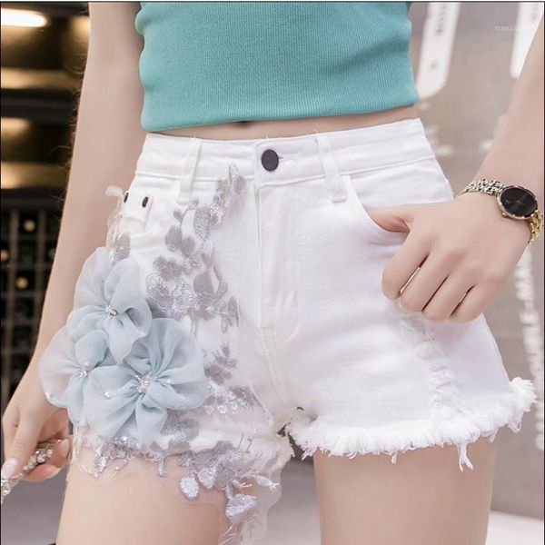 

floral appliques frayed hem summer short jeans denim shorts for women s m  xl 2xl1, White;black