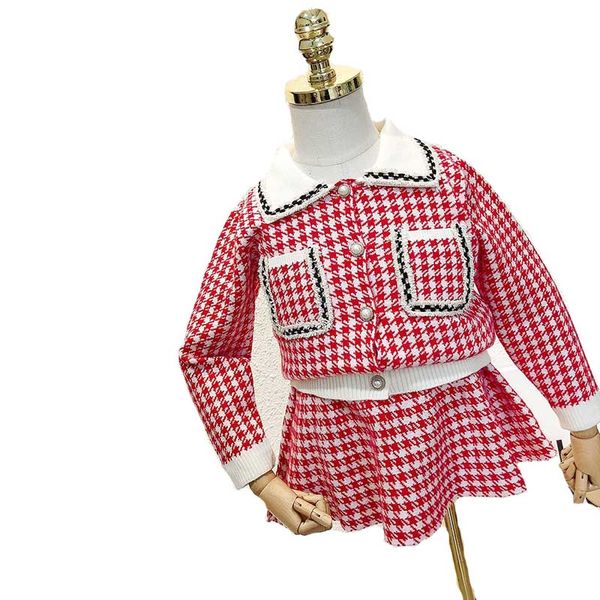 

new kids girls long sleeve kids sweaters fashion kids wear knitted cardigan and skirt clothing suit for children baby girl, White