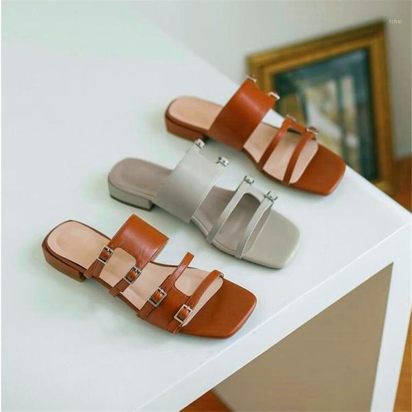 

slippers strap decoration ladies square toe high heels fashion beige brown flat shoes summer sandals and slippers1, Black