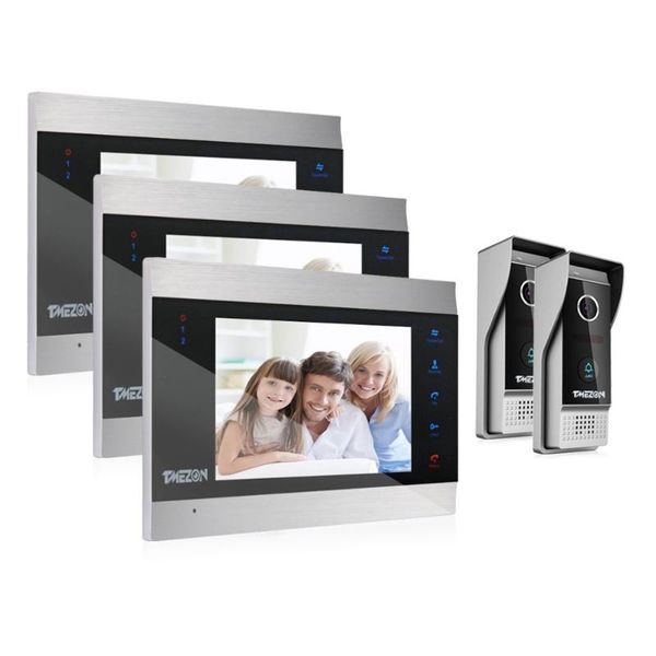 

video door phones tmezon 7 inch tft wired smart phone intercom system with 3 night vision monitor + 2x1200tvl rainproof doorbell camera