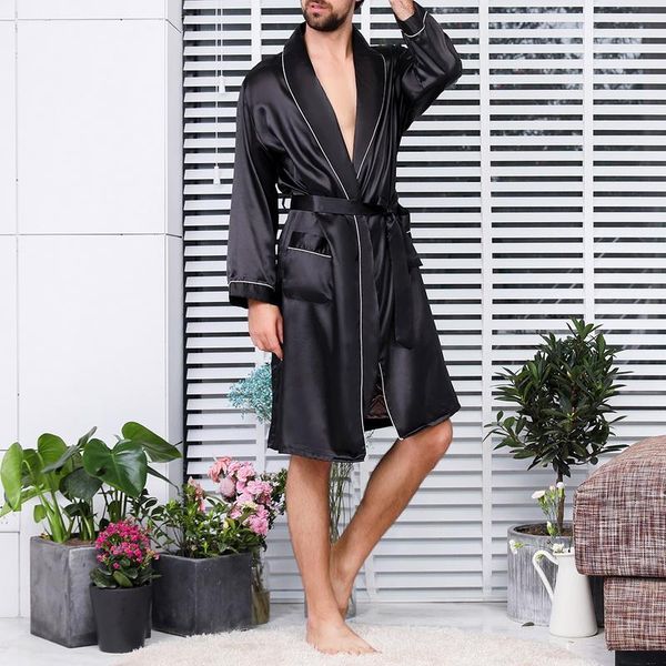 

2021 new men black lounge sleepwear faux silk nightwear for men comfort silky bathrobes noble dressing gown men's sleep robes, Black;brown