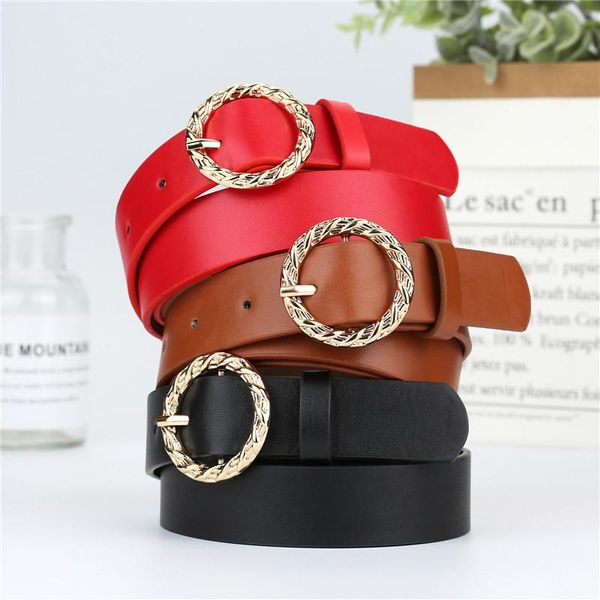 

fashion new female belt alloy embossed round buckle pin buckle imitation leather women belt trend casual corset waist, Black;brown