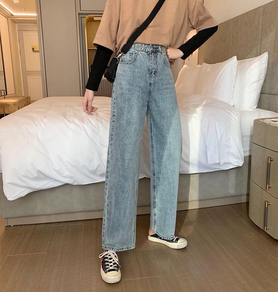 

women's jeans make firm offers in the fall of web celebrity tall waist straight leg loose burrs trousers female students, Blue