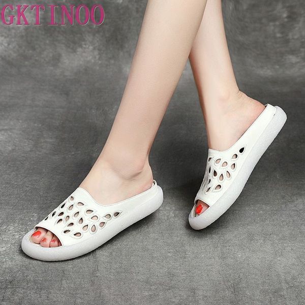 

gktinoo 2020 genuine leather flip flop sandals for women summer shoes elegant flat heels fashion outdoor slides women slippers x1020, Black