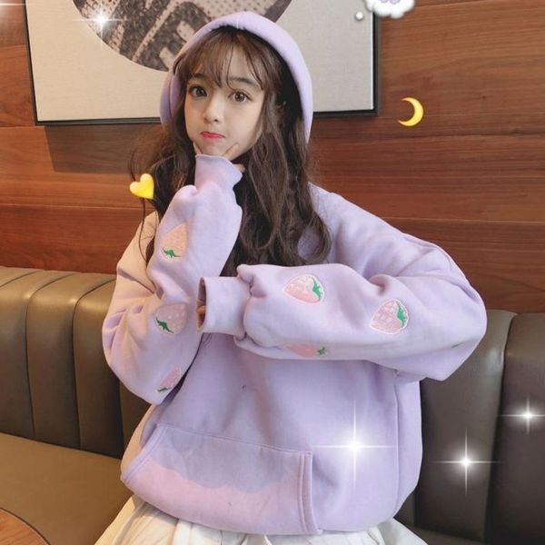 

harajuku strawberry embroidery lavender pink sweatshirt autumn winter women kawaii loose long sleeves oversized hoodies 201112, Black
