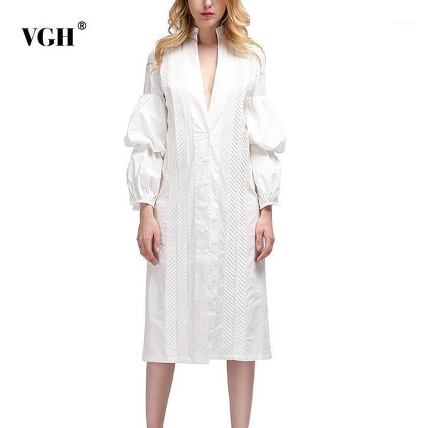 

vgh white elegant casual shirt for women stand collar puff long sleeve long loose blouses female 2020 fashion autumn stylish1