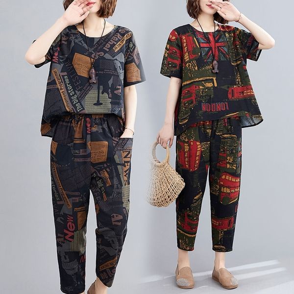 

4wvfz 2020 summer art large casual t-shirt linen cotton linen print suit loose short sleeve t-shirt 9-point harem pants cotton hemp two-piec, Gray