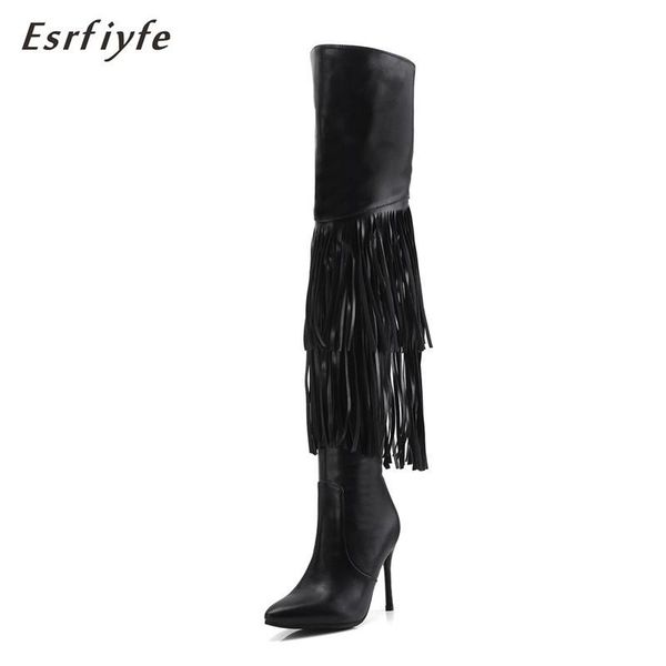 

boots esrfiyfe 2021 fashion pu leather shoes woman pointed toe motorcycle booties thin high heels over the knee, Black