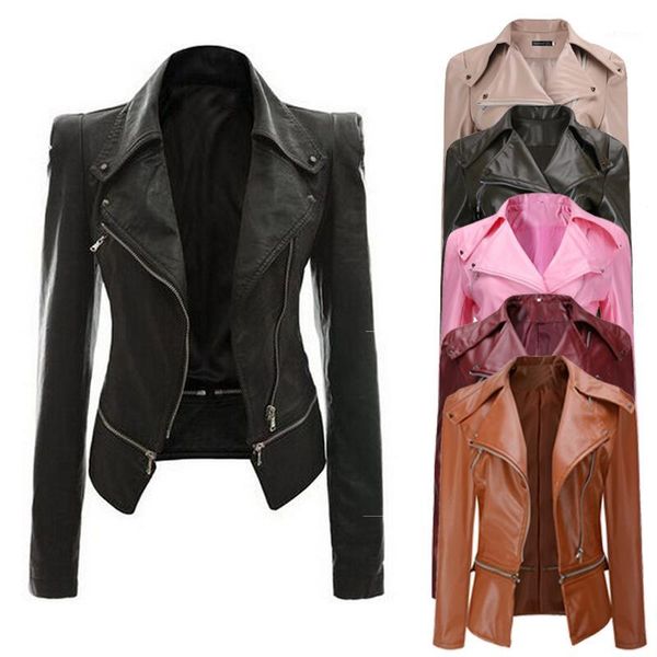 

2019 pu leather jacket long sleeve rivets pocket women motorcycle leather jacket coat zipper pu clothes plus size s-4xl1, Black