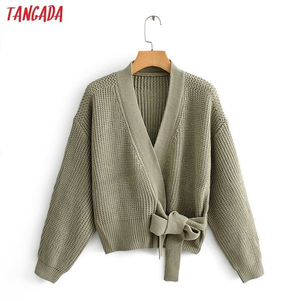 

tangada women elegant solid cardigan vintage jumper with belt lady fashion oversized knitted cardigan coat qj137 y200720, White;black