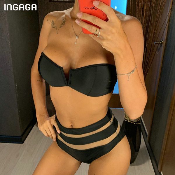 

ingaga high waist bikini 2020 bandeau swimwear women mesh women's swimming suit v-neck swimsuits solid micro bikini, Black