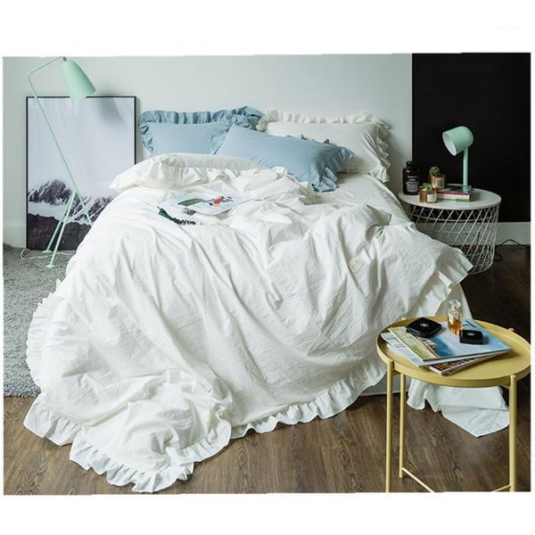 

4 piece bed cover set girls princess bedding set pure white full  size bedclothes 100% washed cotton fitted bed sheet king1
