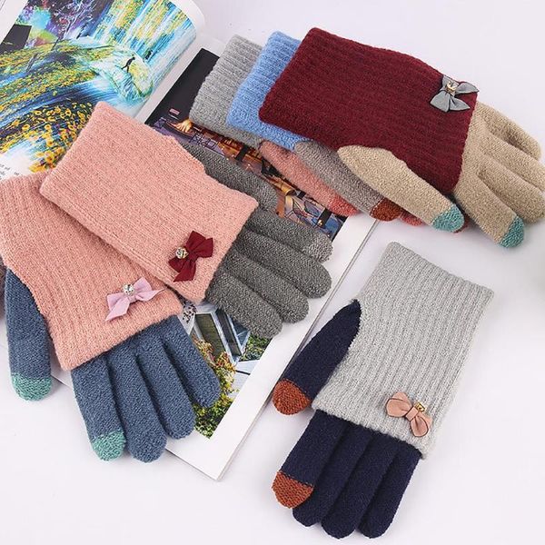 

women winter bowknot double layer touch screen full finger knitted gloves mitten, Blue;gray