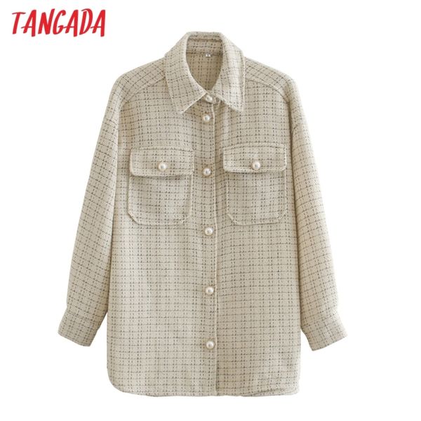 

tangada women plaid pattern thick coats jacket pearl buttons long sleeves pocket 2020 ladies elegant autumn winter coat 3r19, Tan;black