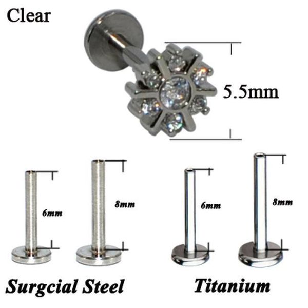 

1pc g23 titanium&steel cz gem sun flower labret lip bar ring crystal ear cartilage tragus helix piercing screw fit 16g q sqcxfi, Silver