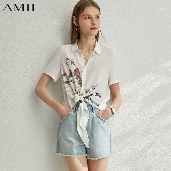 

amii minimalism spring summer printed women blouse causal chiffon lapel single-breasted female shirt 120800351, White