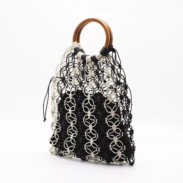 

women ins handmade rope woven handbag knitted rattan summer beach bag tassel totes crochet fringed women shoulder bag