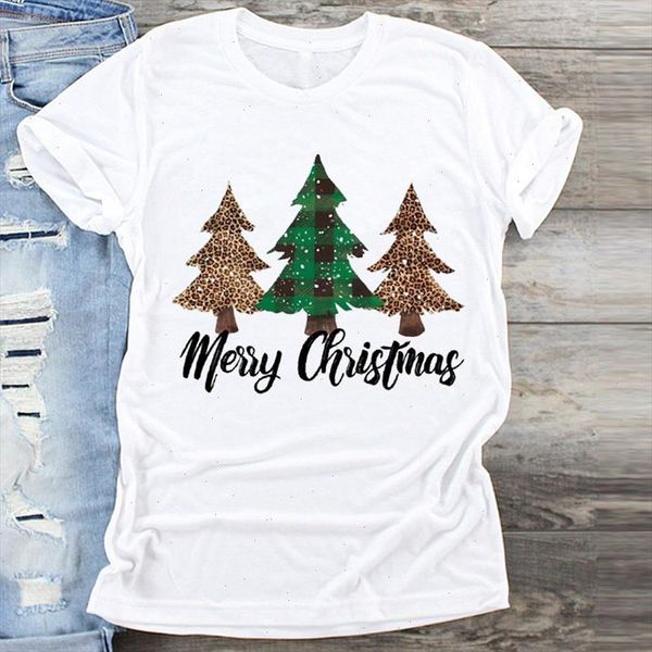 

women leopard plaid tree holiday girl 90s merry christmas print clothes graphic female tshirts t shirt ladies tee t shirt, White