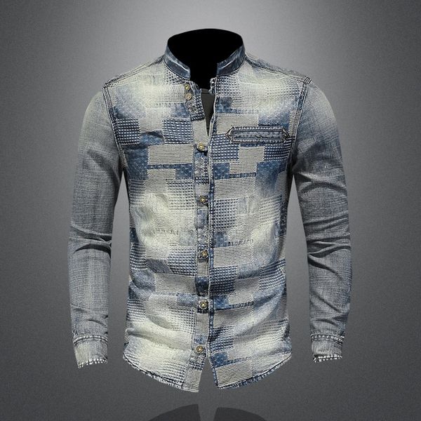 

cross-border long-term retro personality patch denim shirt artistic floral punk shirt men w61081, Black;brown