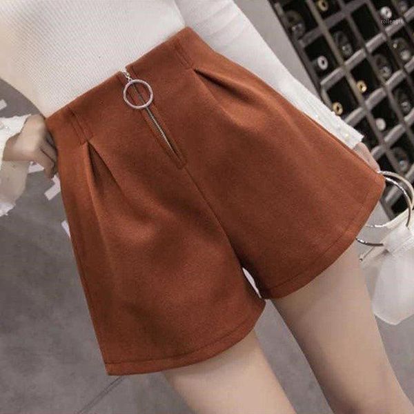 

autumn winter women's shorts woolen korean style loose a line with zipper elastic high waist velvet thick wide leg shorts1, White;black