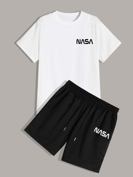 

men letter graphic tee with drawstring waist shorts 93ad#, Gray