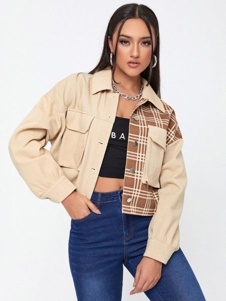 

plaid flap pocket drop shoulder jacket k1f7#, Black;brown