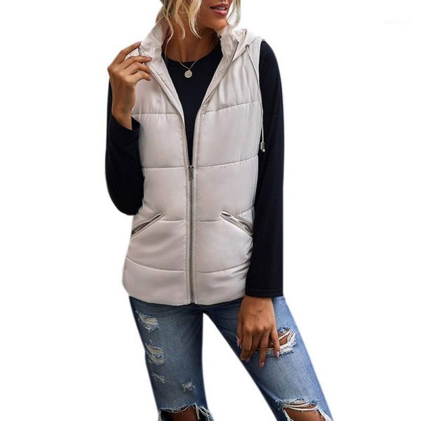 

efinny women's cotton-padded vest fashion solid color zipper pocket hooded slim fit winter keep warm vests femmes1, Black;white