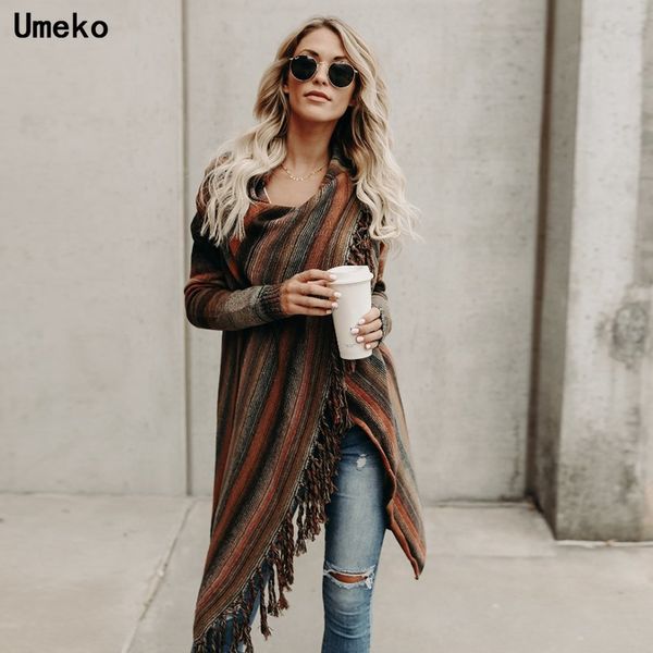 

umeko autumn women's irregular rainbow striped print sweater knit sweater women long sleeve cape casual plus size sweater 201128, White;black