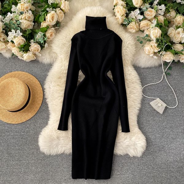 

2021 new female high collar knitted elastic hem solid autumn elegant long dress lfhg, Black;gray