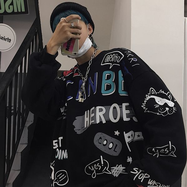 

2021 new retro-hip-hop graffiti card printout velvet sweater tide ufzl, Black