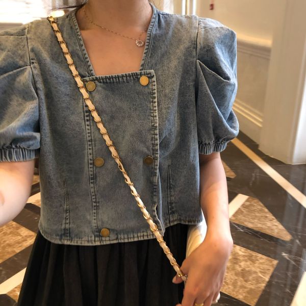 

french design bubble sleeve square neck short denim top, Black;brown