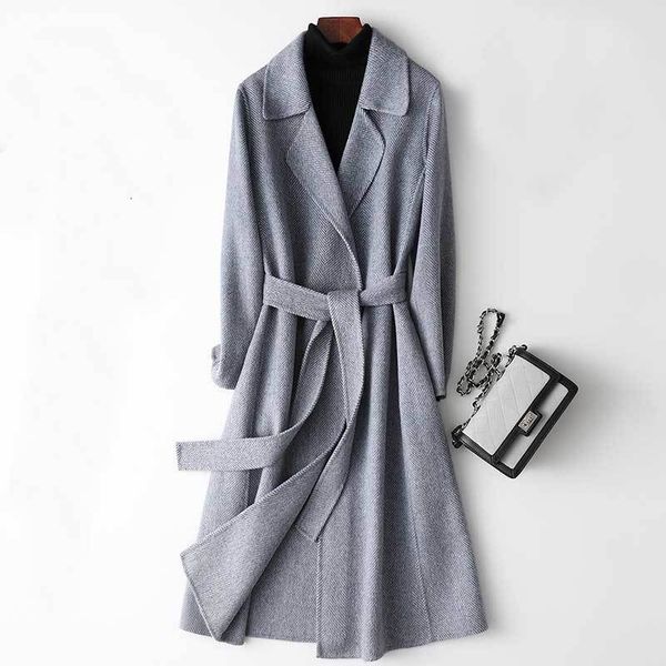 

2021 new women cashmere long elegant turn down collar woolen with belt open stitch design winter warm coat feminino 5ks0, Black