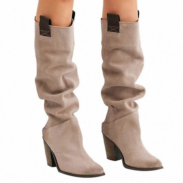 

women faux suede over the slouchy boots pointy toe chunky heel slouch long boots ladies winter heeled shoes #795n, Black