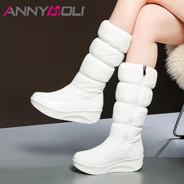 

annymoli platform med heel snow boots woman wedges heel mid calf boots zip round toe female shoes warm winter beige big size 44, Black