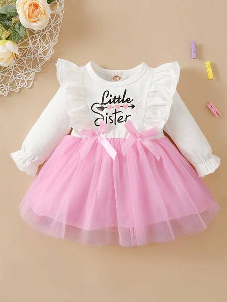 

baby letter graphic flounce sleeve ruffle trim bow mesh hem dress she, Red;yellow