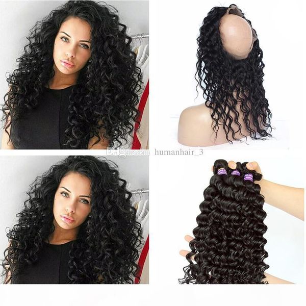 

9a deep wave 360 lace frontal with bundles deep curly raw indian human remy hair with 360 lace frontal closure and baby hair, Black;brown