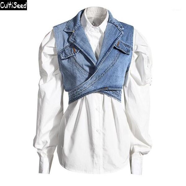 

cultiseed women irregular denim jeans vest shirts blouses sets female new puff sleeve shirts ladies office work party set1, White