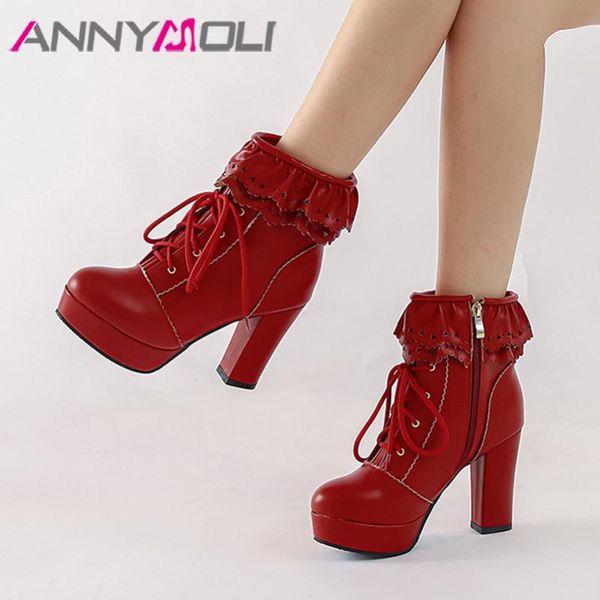 

annymoli super high heel ankle boots woman boots platform zip block heel shoes ruffle lace up female short white size 46, Black